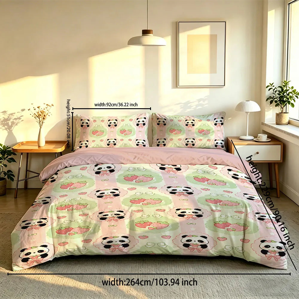 3pcs Cartoon Panda Print Coreless Duvet Cover Cool Summer Lightweight Bedding Set Multi Size Bedroom Bedding Decoration