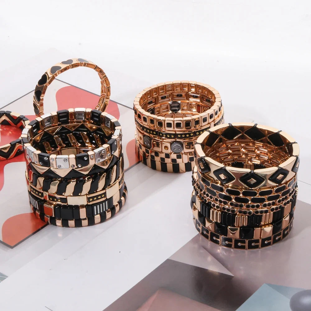 2026 New Black Gold Color Beaded Bangle for Women and Men Handmade Elastic hand Wrist Bracelets