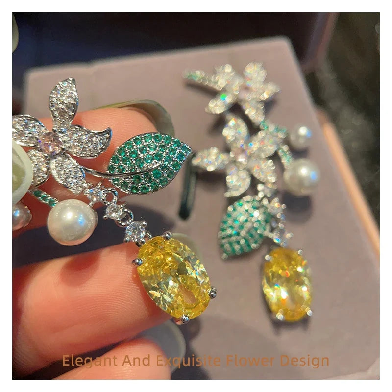 SUYU New Holiday Style Long Vintage Flower Earrings Female Leaf Yellowcrystal Forest Earrings