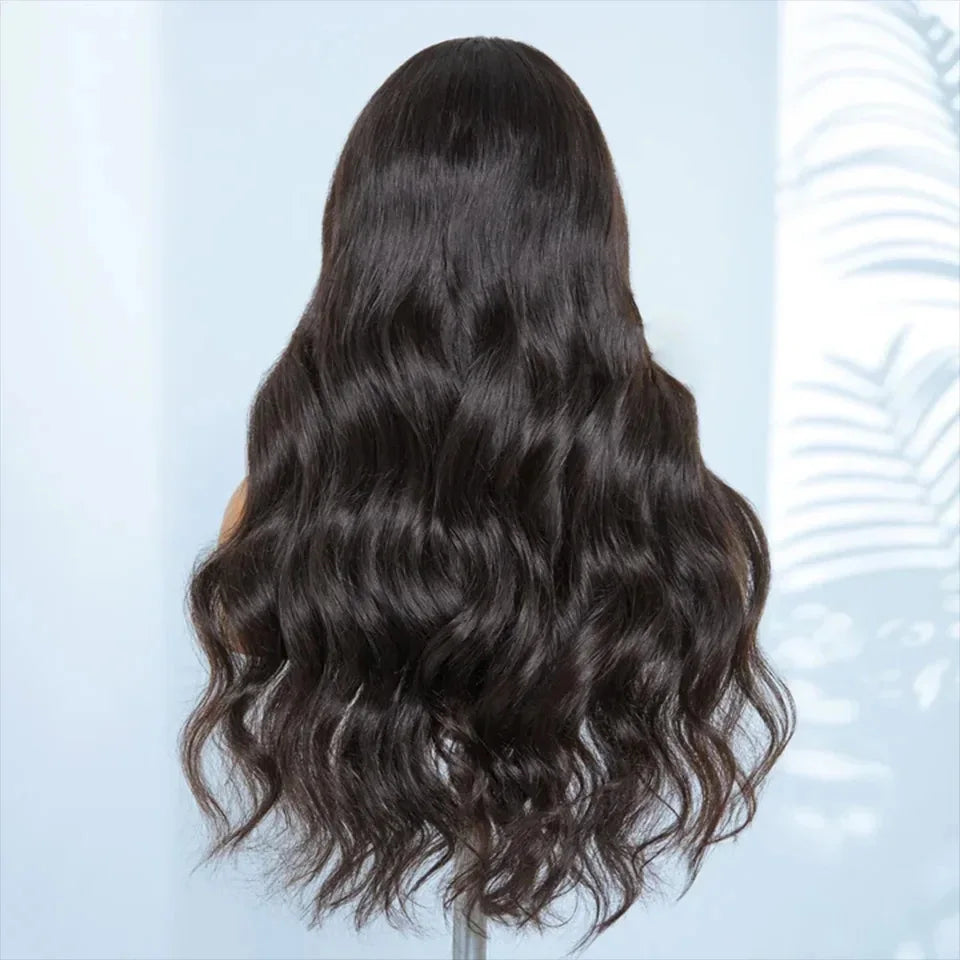 Natural Color 24" Body Wave Wig with Bangs | 180% Density Remy Human Hair Middle Part Lace