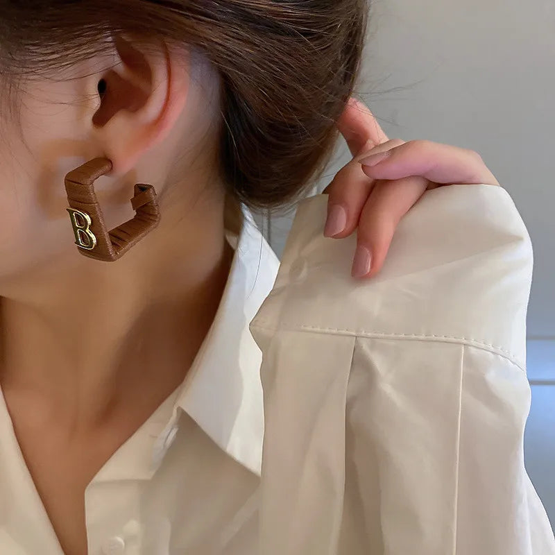 28 Colors Zebra Pu Leather Square Hoop Earrings For Women Fashion Jewelry Letter Alphabet Geometric Stripe Pendientes Mujer