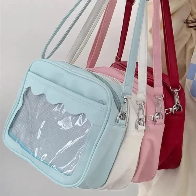 Women's PU Transparent Pocket Ita Bag | High School Girls JK Uniform Crossbody Shoulder Handbag (Fashion Satchel)