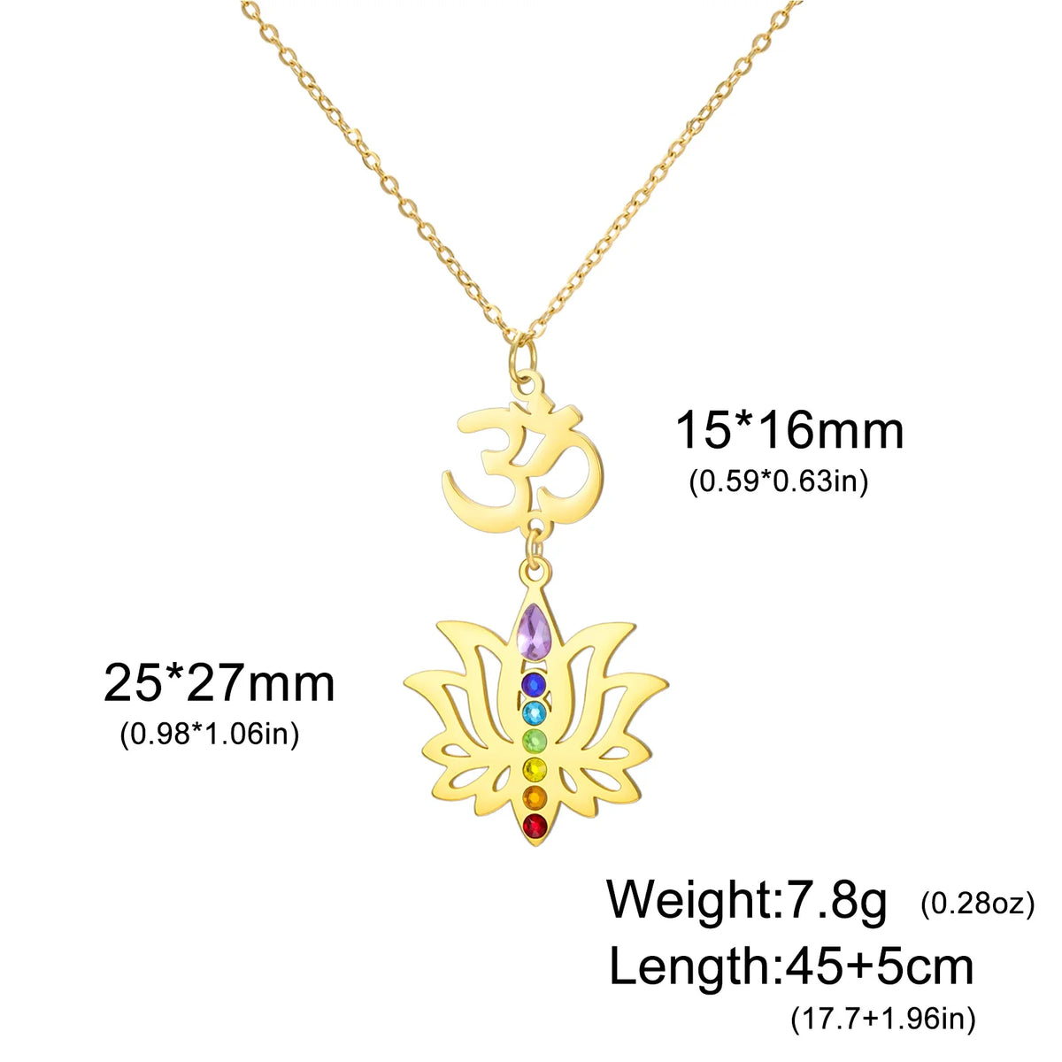 Gold Plated 7 Chakra Lotus Flower Necklace with Om Symbol Spiritual Yoga Jewelry Seven Colorful Zircon Lotus Flower Necklace