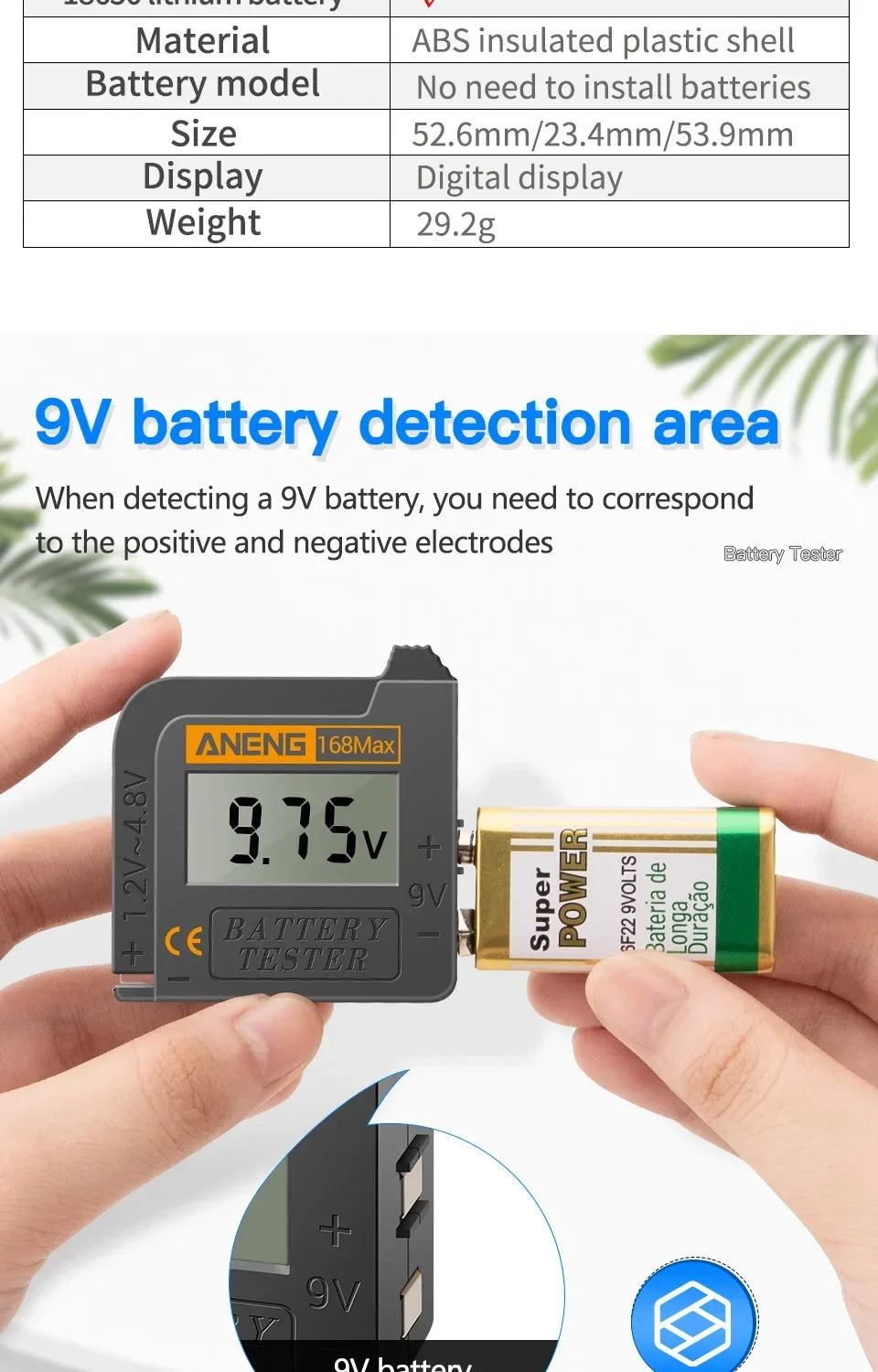 ANENG 168MAX Self Powered Digital LCD Battery Checker AA AAA C D 9V Button Cell 18650 Lithium Cell Voltage Capacity Test Tool