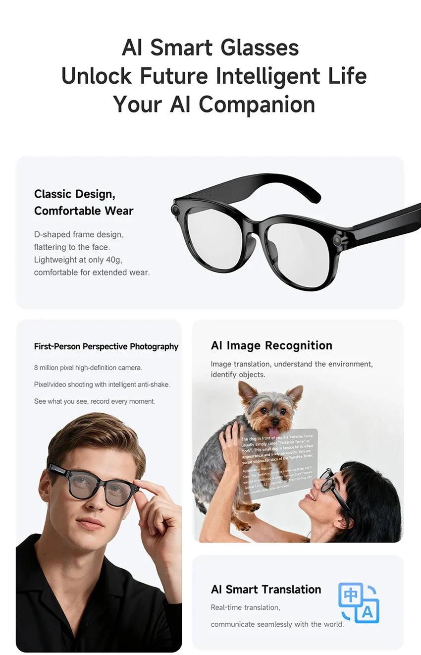 Lenovo 2026 New 8K AI Translation AI Smart Glasses Bluetooth Calling Music Player Camera Control Anti Blue Light Sunglasses