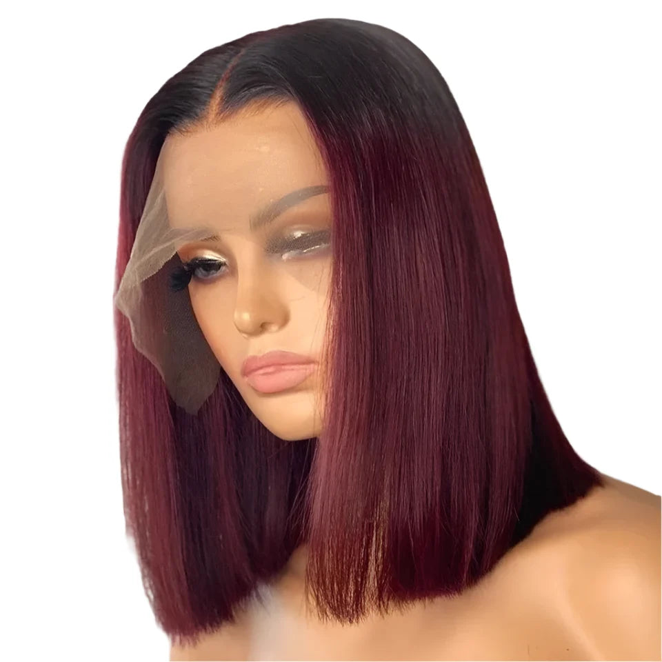 Wine Red Ombre 1B-99J Straight Bob Wig | 13x4 Transparent Lace Front Brazilian Human Hair