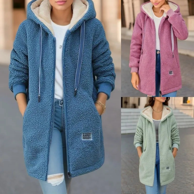 Women's Hooded Top  Winter Coat Thickened Fleece-lined Sweatshirt Cardigan Winter Trendy New Style Lamb Wool Jacket Ladies