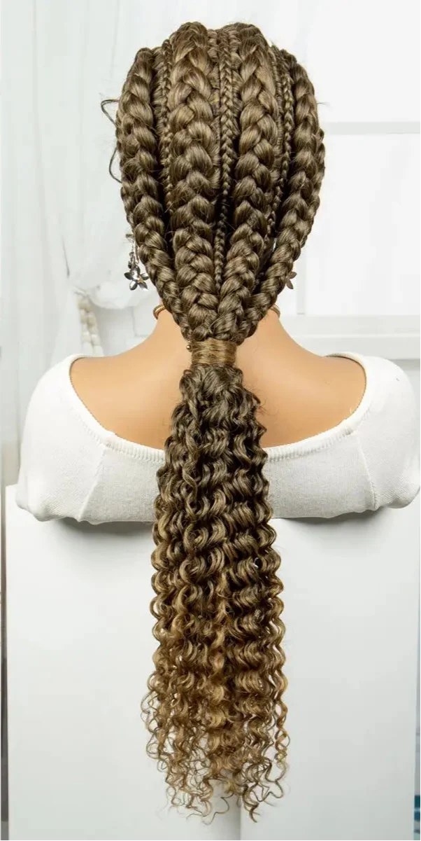 28" Blonde Knotless Cornrow Braids Wig with Curly Ends | Lace Frontal | Baby Hair