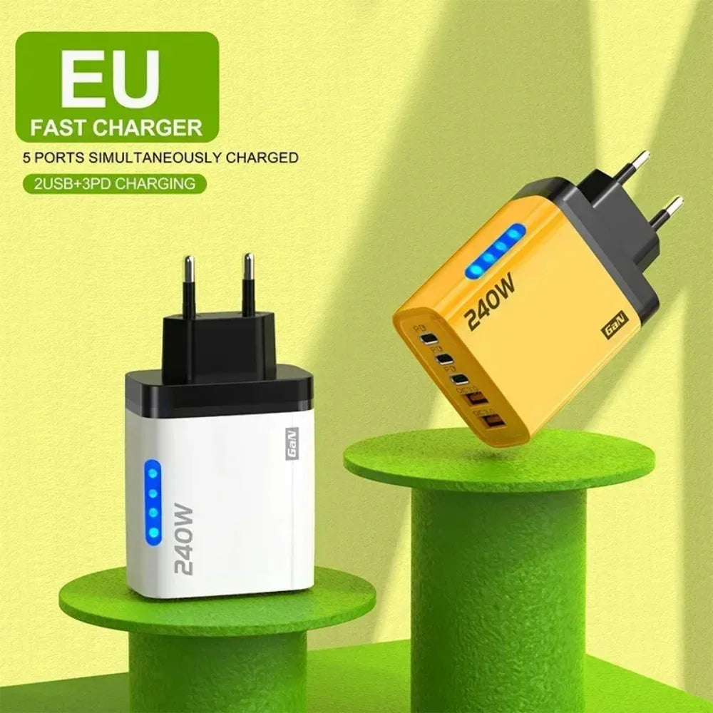 Type C USB 240W Fast Charging Charger GaN USB C Phone Charger Wall Adapter Quick Charge 3.0 With PD Cable For iPhone 17 Samsung