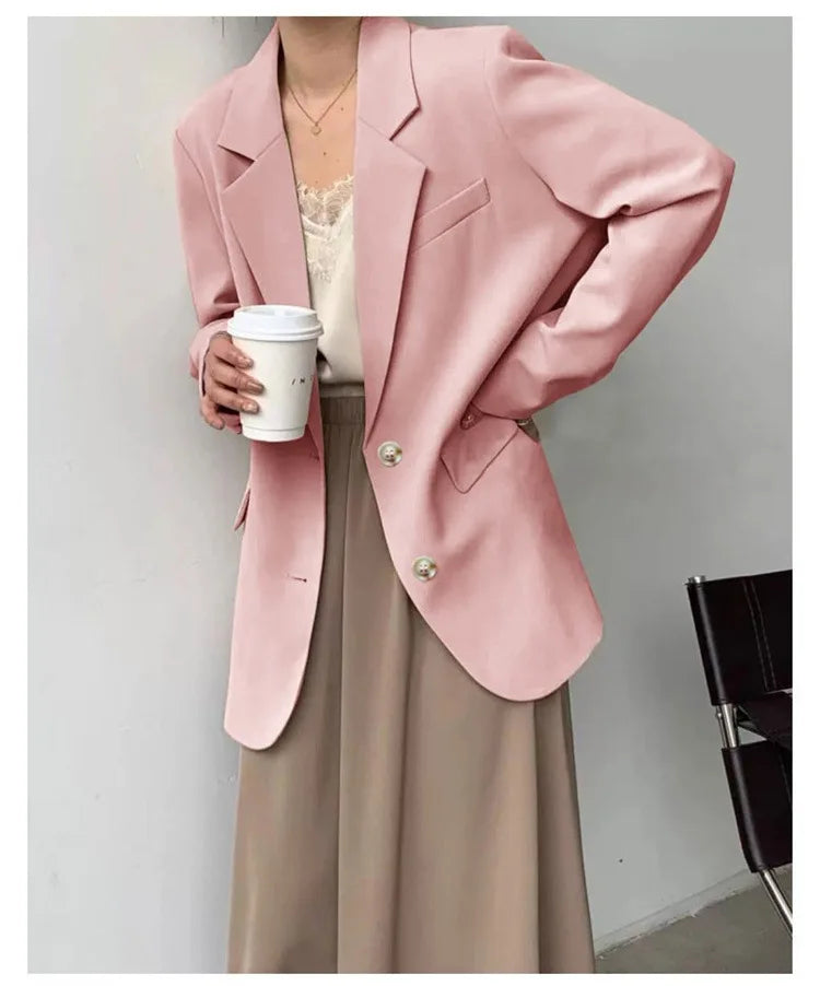 Mid Length Blazer Jacket Women Solid Long Sleeve Pocket Lapel Single Beasted Formal Coat Outerwear Loose Work Casual Blazers