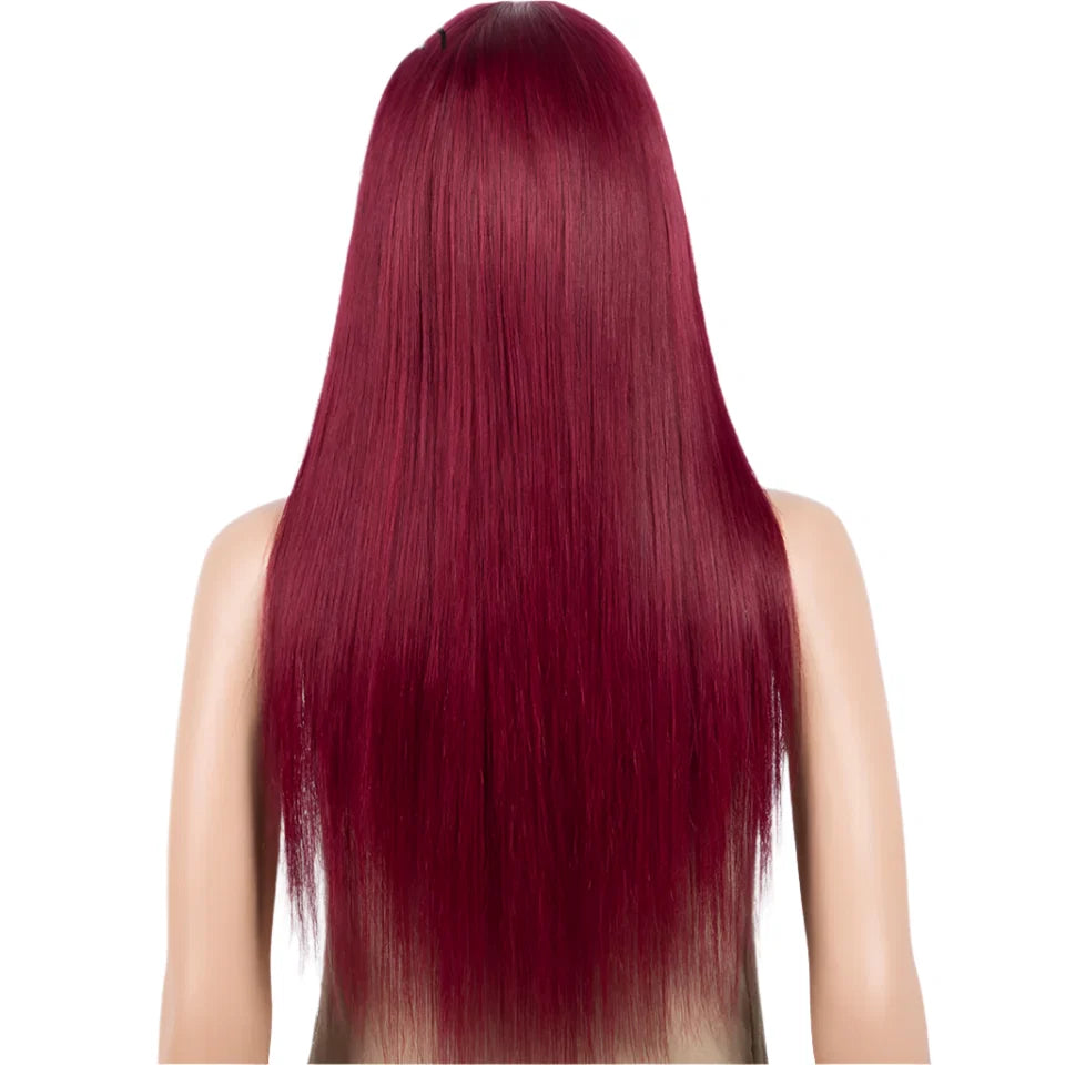 Burgundy Straight Wig with Bangs | "Put On & Go" Glueless Human Hair