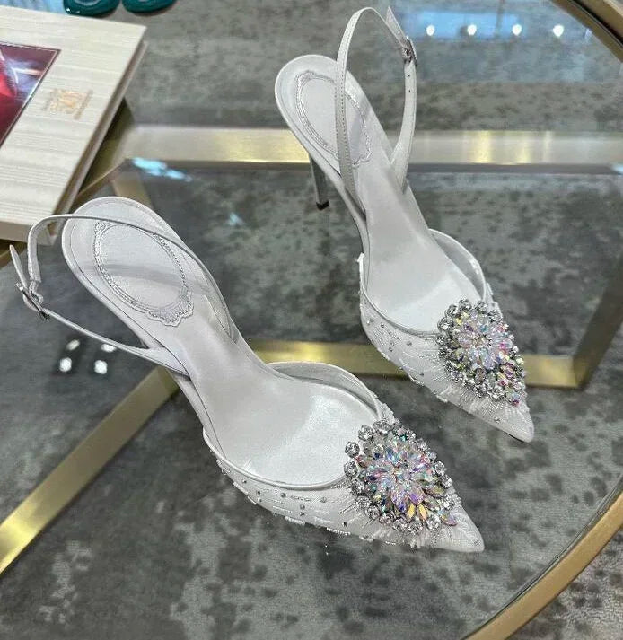 White Wedding Shoes, Rhinestone Pointed Crystal Toe Sandals, New High-heeled Shoes, Sexy Single Shoes