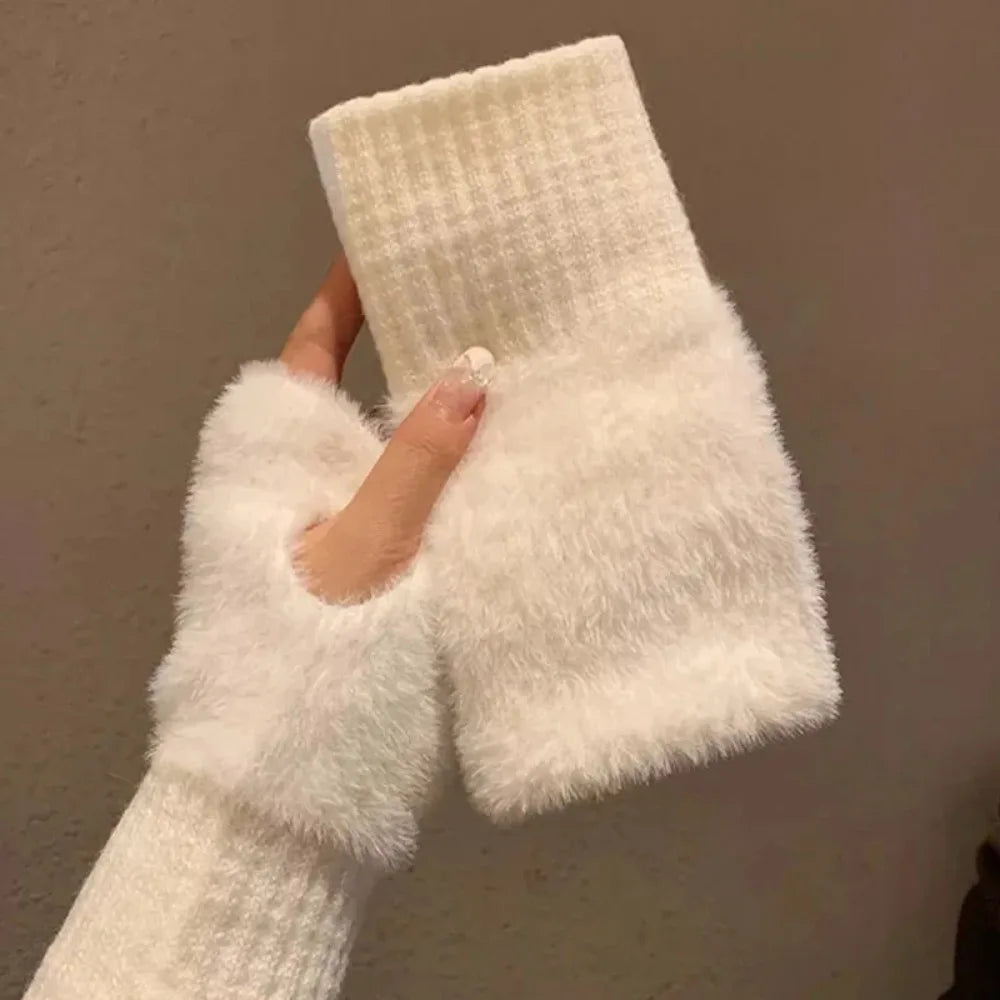 Soft Winter Half Finger Gloves Women Warm Luxury Solid White Plush Knitted Fingerless Gloves Wrist Mitten Writing Winter Gloves