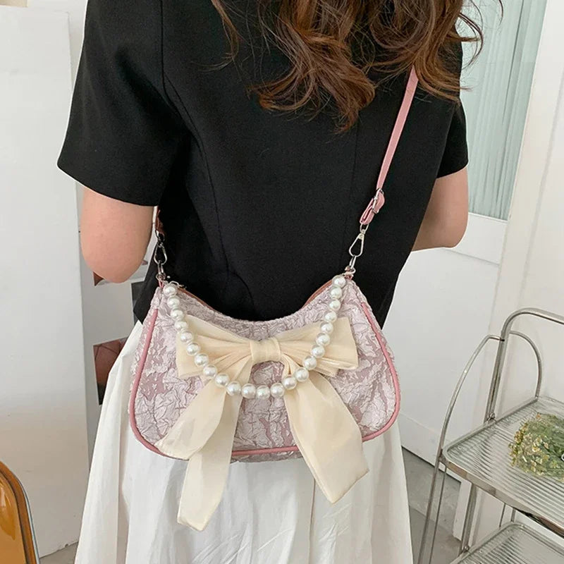White Folds Pop Retro Bow Bag | Female Pearl Handle New Fashion Pearl Armpit Shoulder & Crossbody Bag