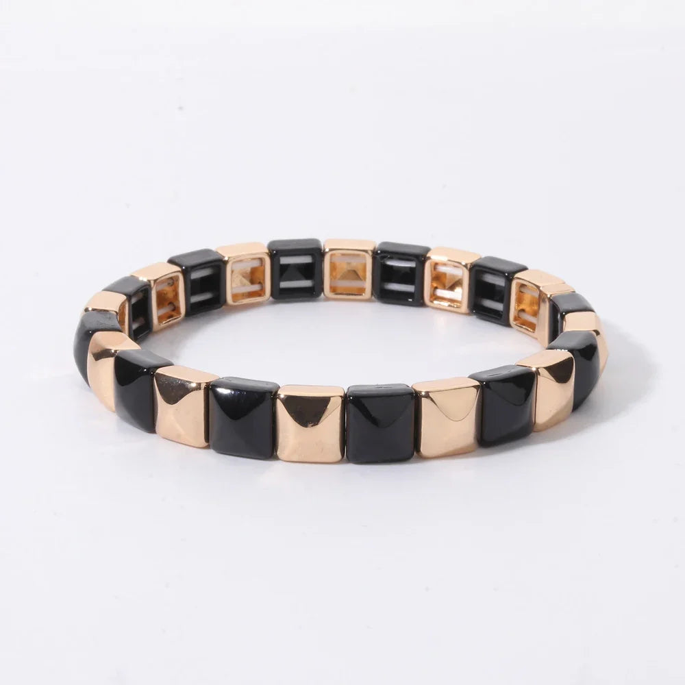 2026 New Black Gold Color Beaded Bangle for Women and Men Handmade Elastic hand Wrist Bracelets