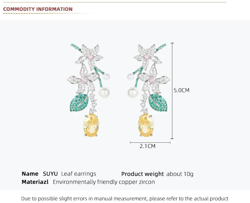 SUYU New Holiday Style Long Vintage Flower Earrings Female Leaf Yellowcrystal Forest Earrings