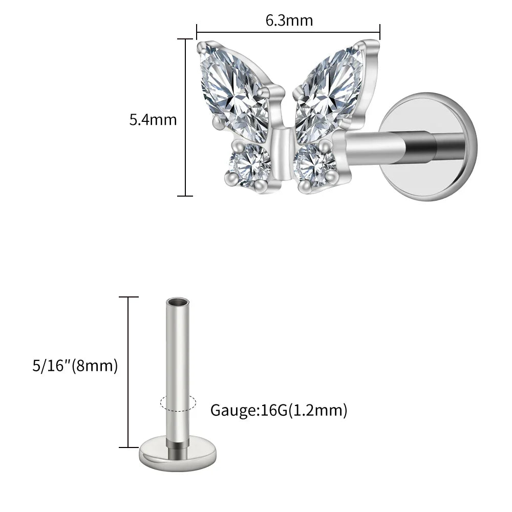 Right Grand ASTM F136 Titanium 16G Mini Butterfly CZ Labret Tragus Cartilage Conch Forward Helix Stud Nose Piercing Body Jewelry