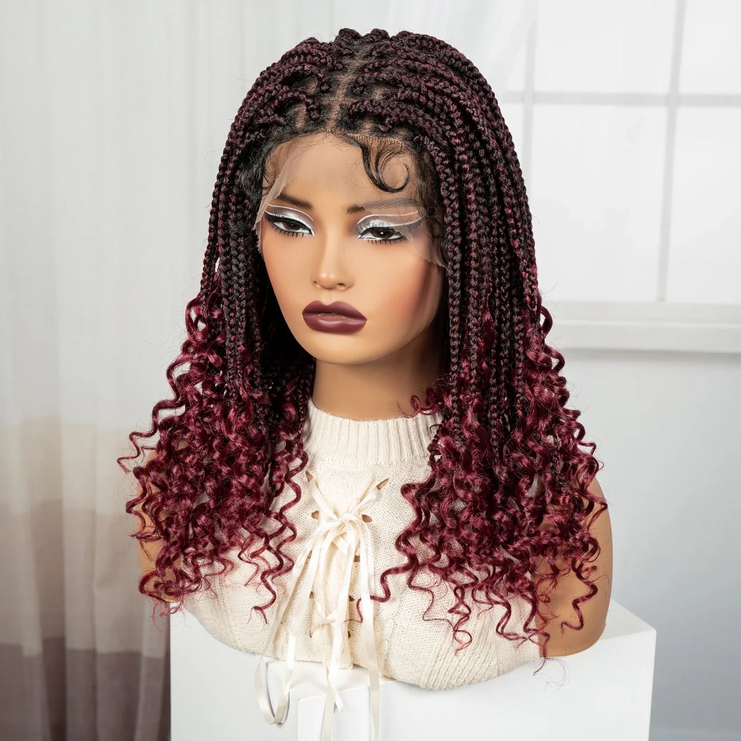 Burgundy Boho Knotless Braids Bob Wig with Curly Ends | Full Lace