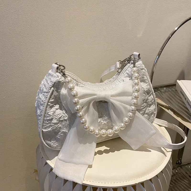 White Folds Pop Retro Bow Bag | Female Pearl Handle New Fashion Pearl Armpit Shoulder & Crossbody Bag