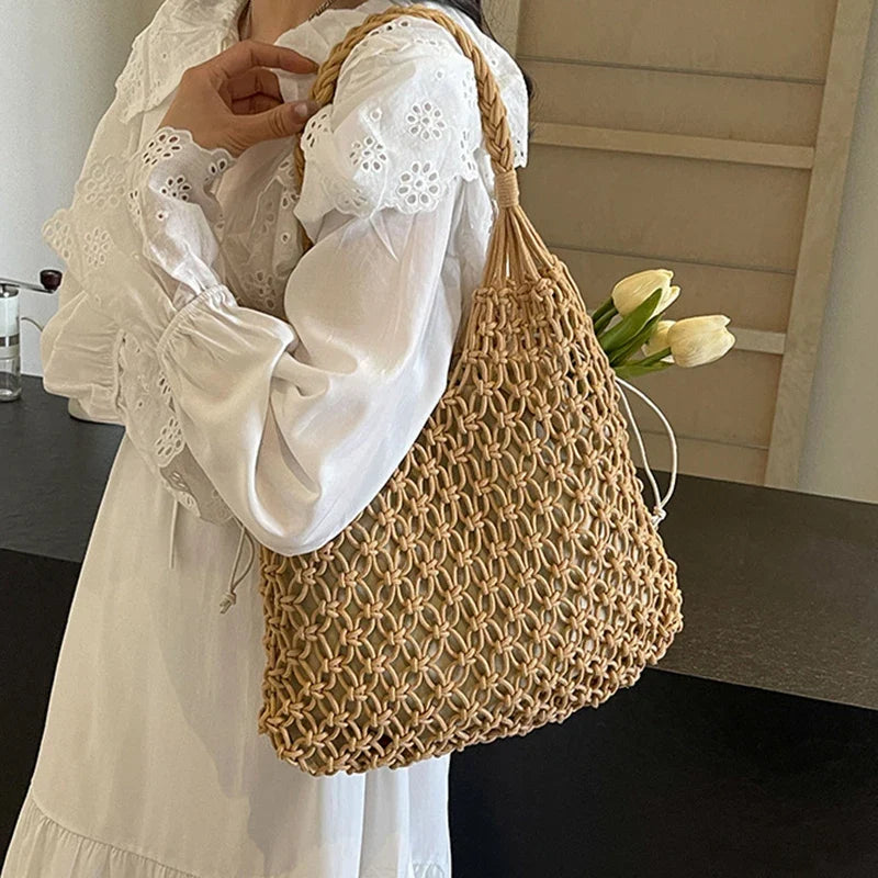 Women's Large Capacity Straw Handbag Totes | Hollow Out Shoulder Bags & Vintage Travel Beach Bag (Shopping Pack)
