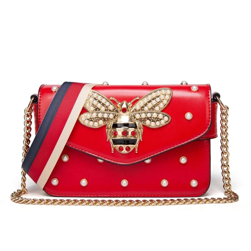 Women's Pearl and Bee Shoulder Handbag | PU Crossbody Bag with Chain