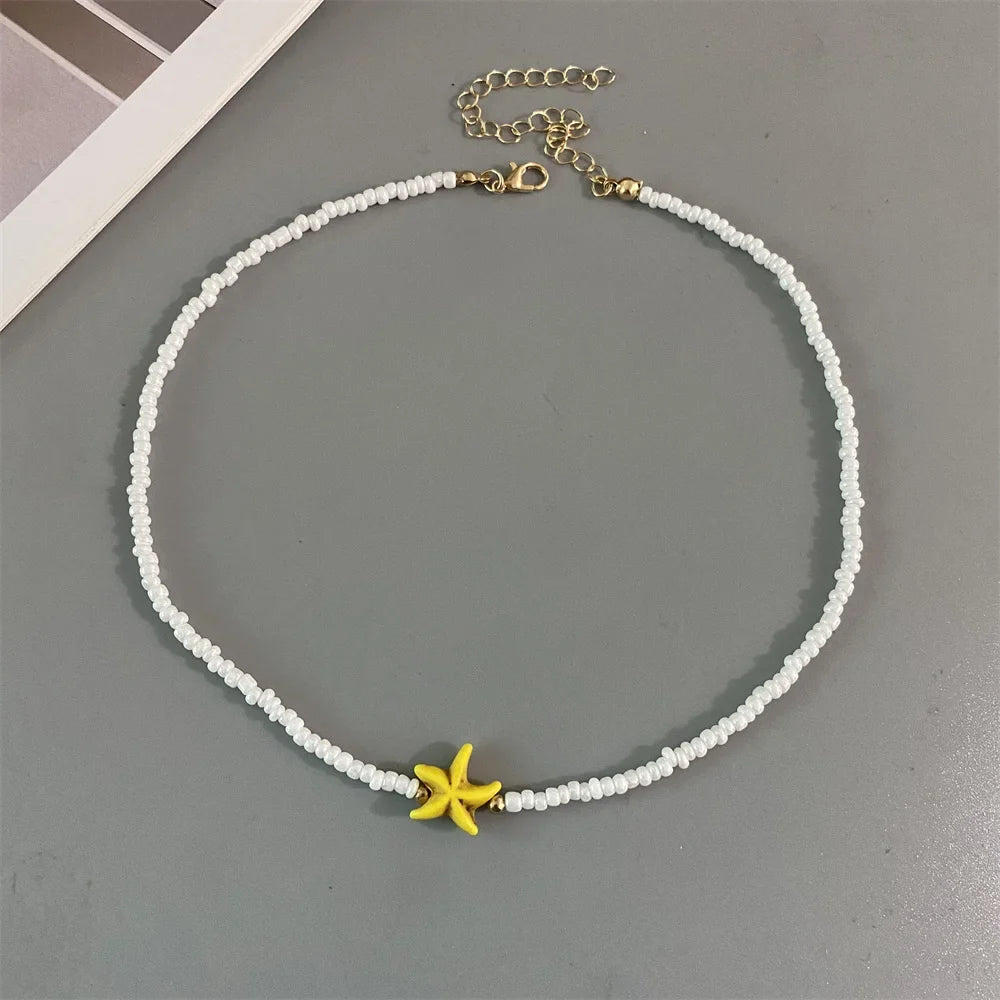 Shell Starfish Woman Short Necklace Summer Holiday Gift Handmade Choker  Seed Beads Neck Jewelry White