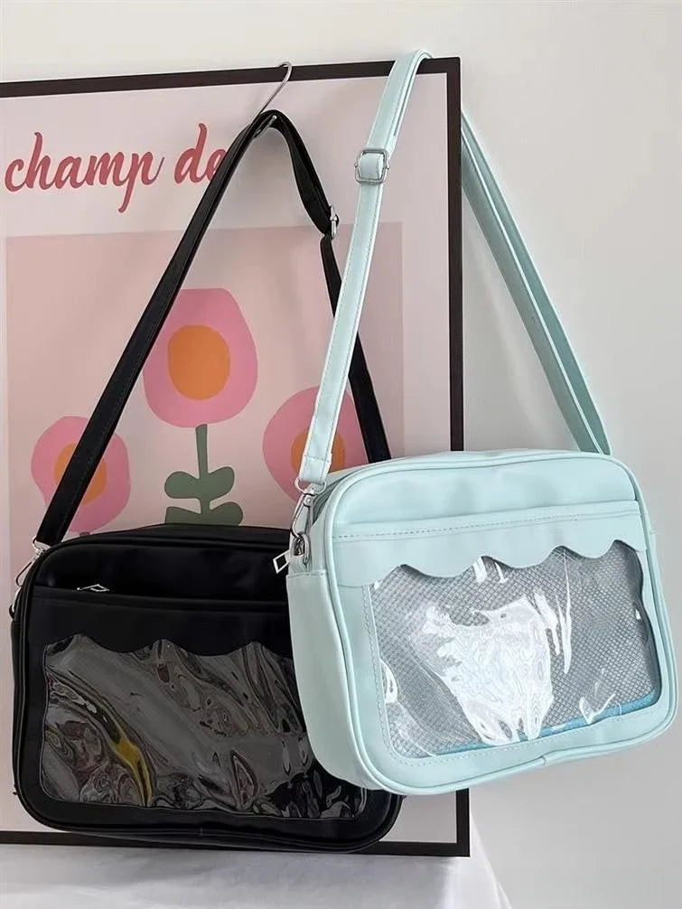 Women's PU Transparent Pocket Ita Bag | High School Girls JK Uniform Crossbody Shoulder Handbag (Fashion Satchel)