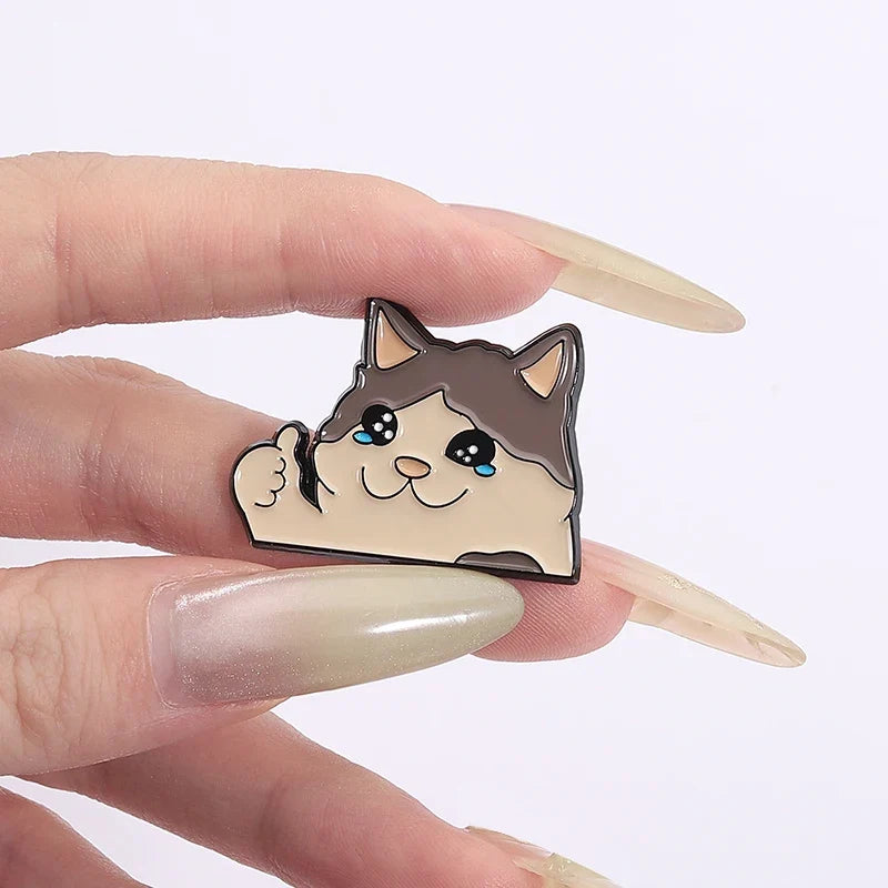 Thumb Up Crying Cat Enamel Pin Kawaii Humorous Animal Brooch Lapel Backpack Badge Funny Jewelry Gifts For Cat Lovers Friends