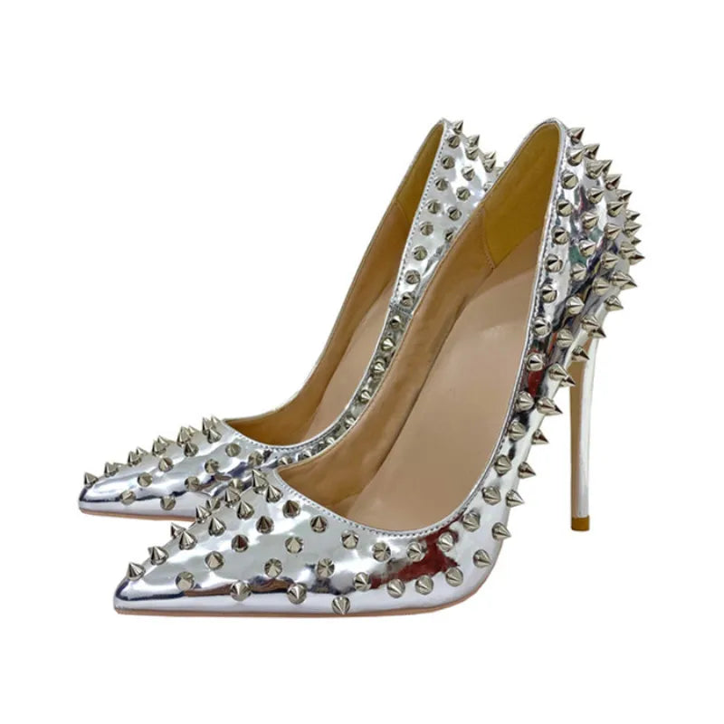 Women New Rivet High Heels 12CM Fashion Pointed Toe Party Single Shoes Europe And America Club Stage Pumps Silver Plus Size 43