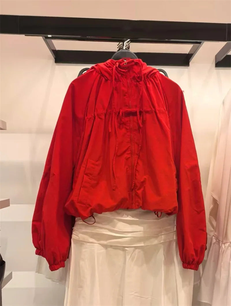 Women's Jacket 2026 Autumn New Red Long-Sleeve Drawstring Decorative Festive Hoodie Zipper Cardigan Casual Fashion Versatile