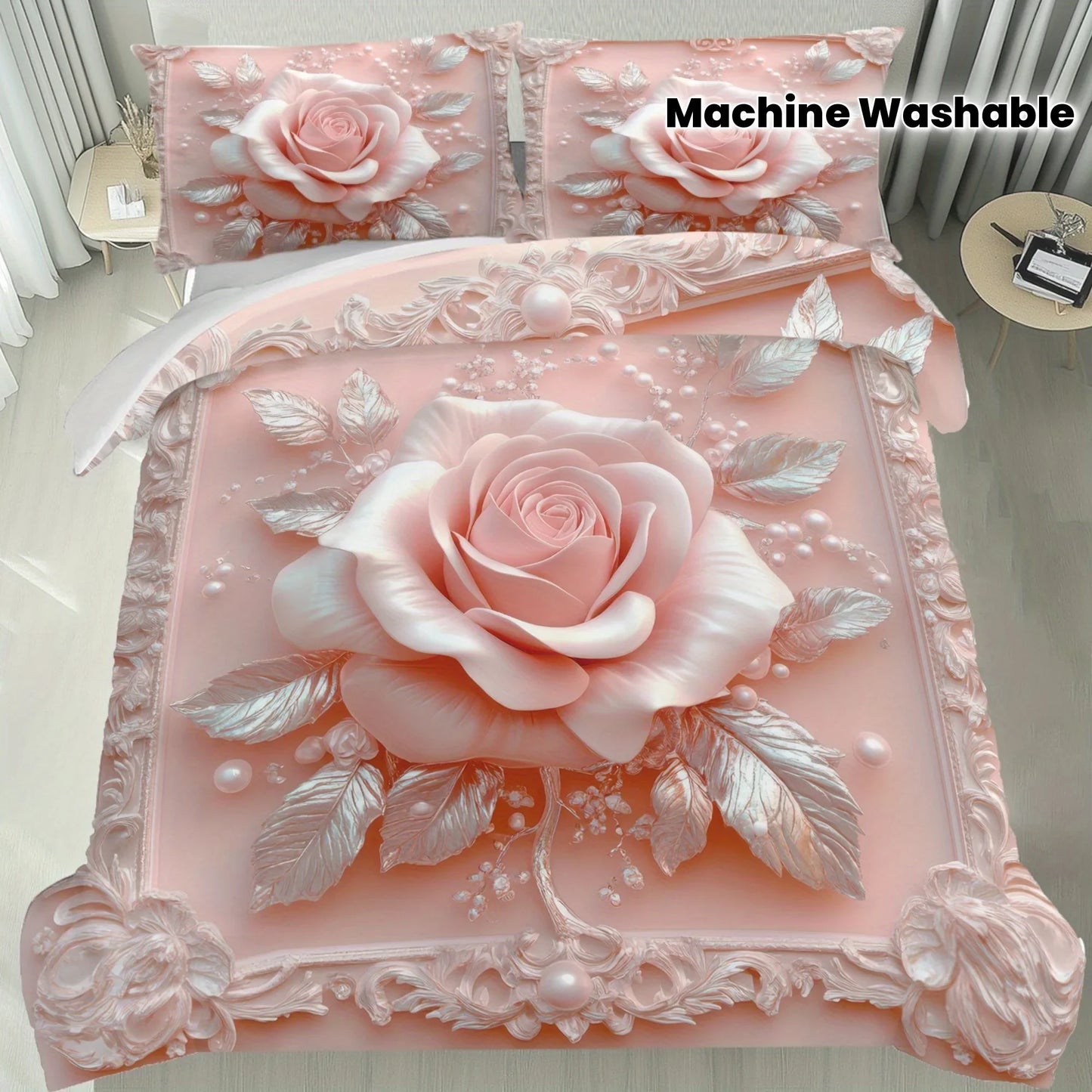 Latacaca 2/3Pcs Pink Rose Duvet Cover Set, Soft Comfortable Floral Bedding with Pillowcases, Machine Washable Queen King Size