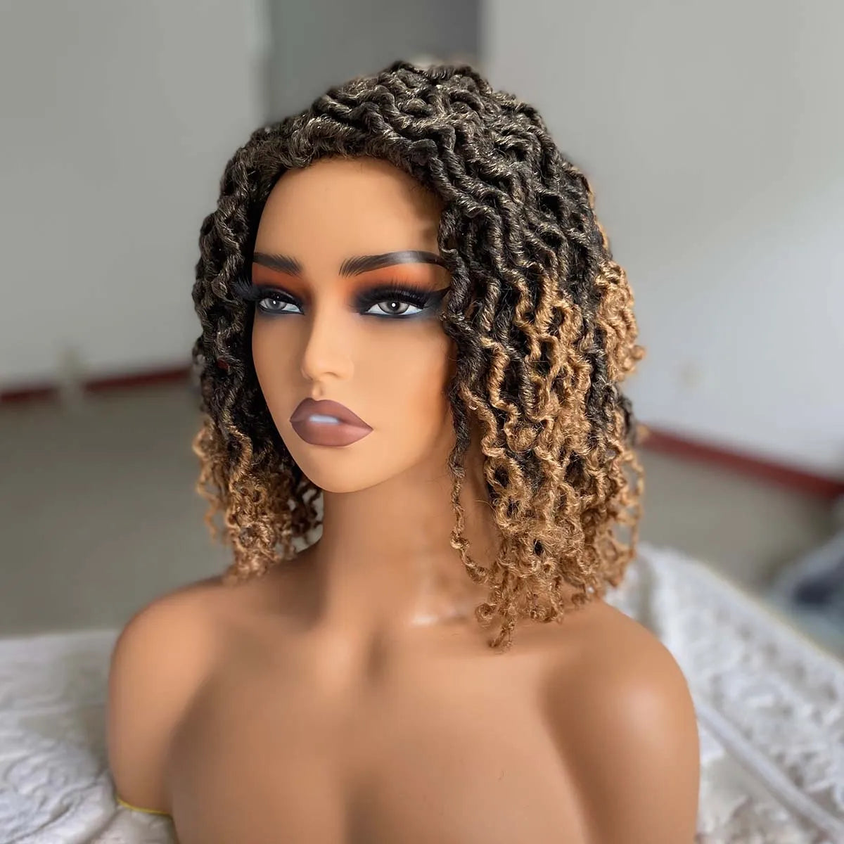 Short Goddess Faux Locs Wig | Brown Highlight Crochet Dreadlock Wig