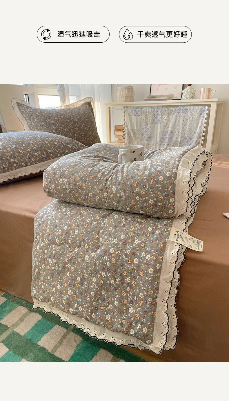Summer Quilt Korean Style Duvet with Lace Single/Queen Size Comforter Flower Printed Quilted Blanket 여름이불 (No Pillowcase)
