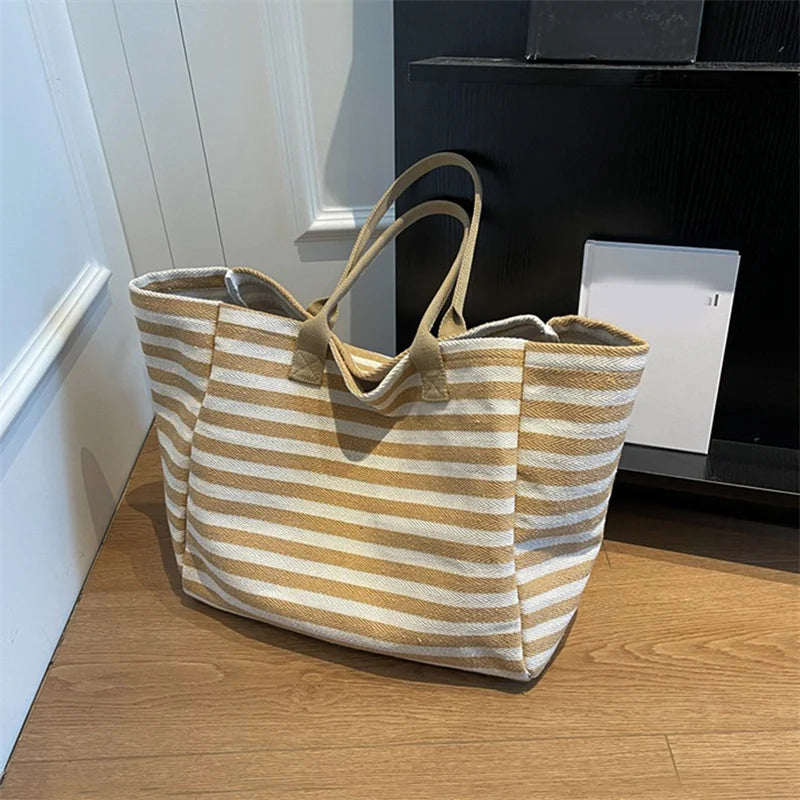 Casual Striped Canvas Bag for Women | Large Capacity Shoulder Bag & Daily Shopping Tote (Student Bookbag for School, Travel, Beach)