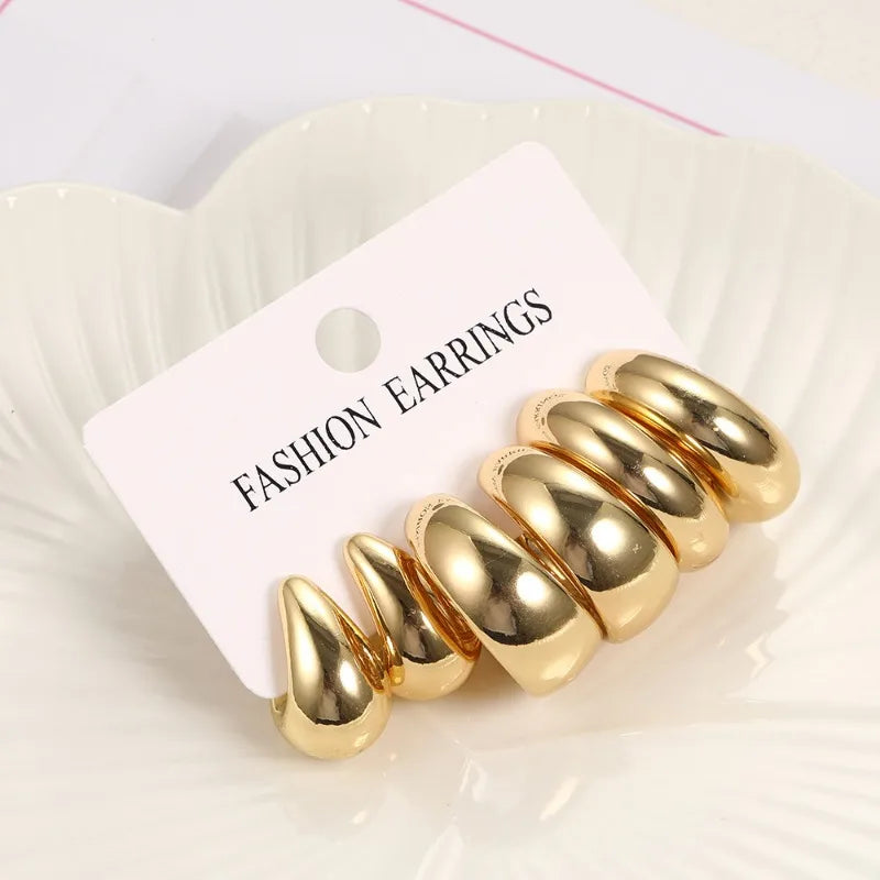 3 Pairs of Fashionable and Simple C-shaped Bean Water Droplet Women's Earring Set, Creative and Luxurious Jewelry Gift