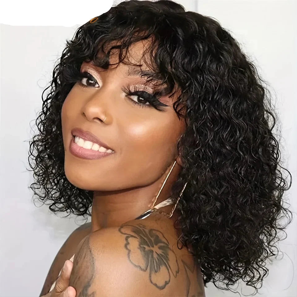 Jerry Curly Short Bob Human Hair Wig with Bangs | Glueless Highlight Honey Water Wave Blonde Wig for Women (Ready-to-Go)