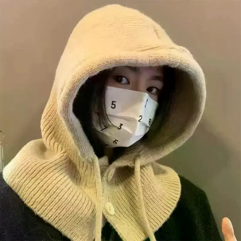 Winter Balaclava Hat Warm Knitted Women's Hood Hat Solid Color One-piece Neck Pullover Cap Outdoor Cashmere Caps