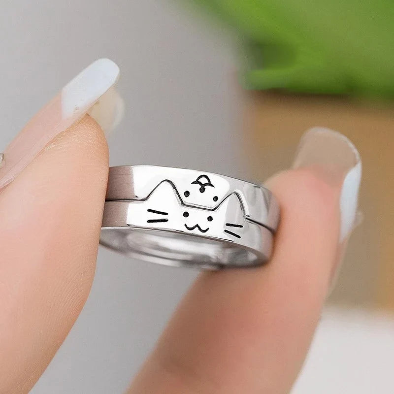 2pcs Simple Design Cute Cat Dog Animal Adjustable Couple Ring for Women Men Cartoon Fashion Couple  Friends Rings Jewelry Gifts
