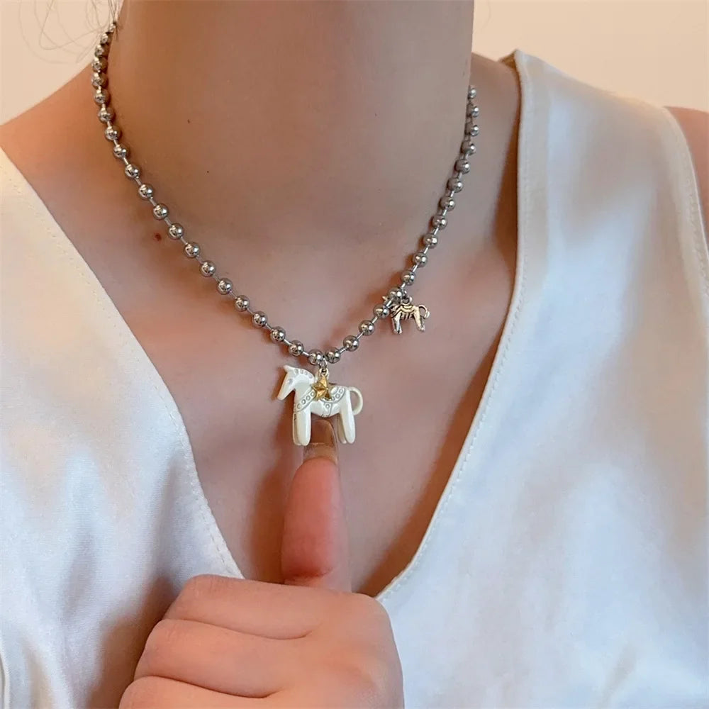 LATS White Black Green Blue Pink Color Enamel Colt Horse Pendant Necklaces for Women Silver Plated Alloy Beads Chain Chokers
