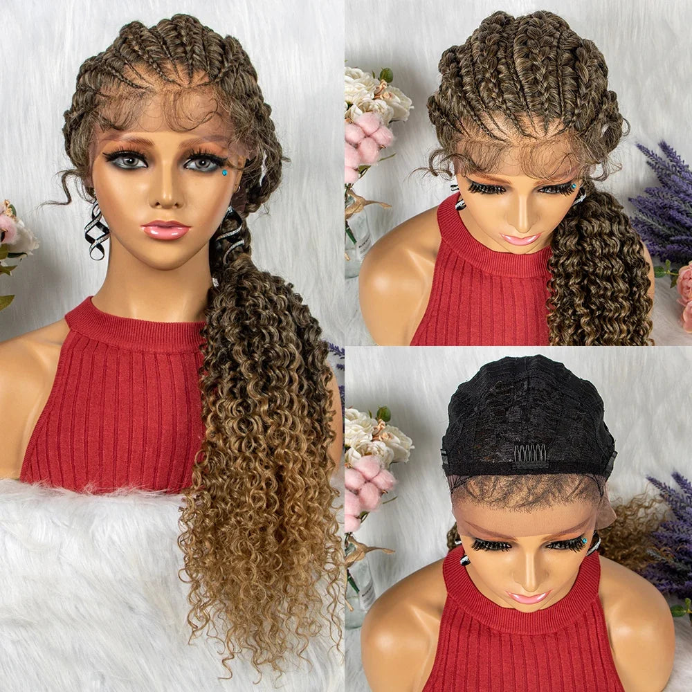 28" Blonde Knotless Cornrow Braids Wig with Curly Ends | Lace Frontal | Baby Hair