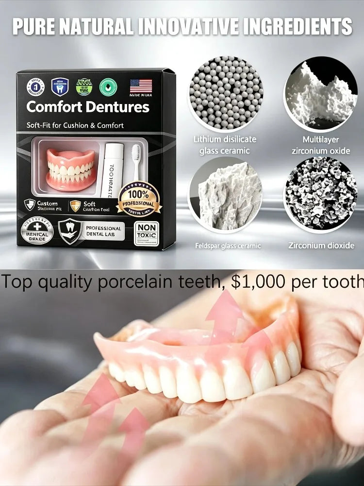 Temporary Adjustable Resin Full Dentures, Natural Bright White Smile, Easy Wear Cosmetic Dental Kit