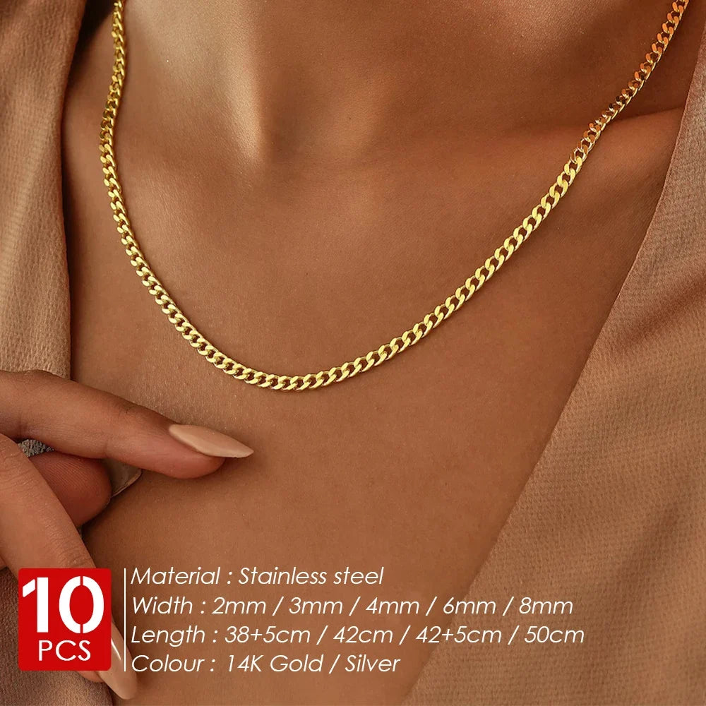 EMANCO 10PCS Men's Cuban Link Chain Necklace Stainless Steel Women Trendy Punk Jewelry 2MM/3MM/4MM/6MM/8MM Wholesale