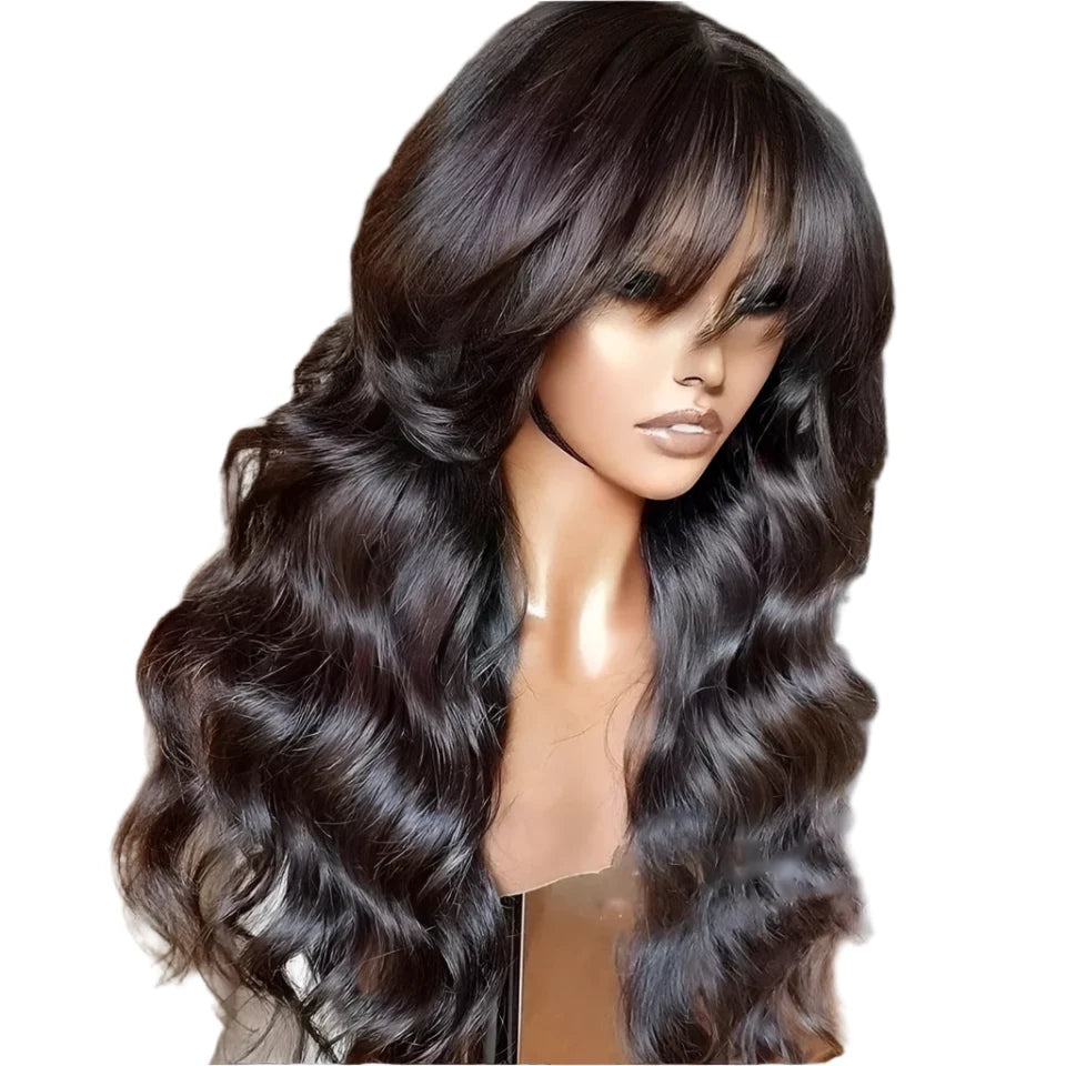 Natural Color 24" Body Wave Wig with Bangs | 180% Density Remy Human Hair Middle Part Lace