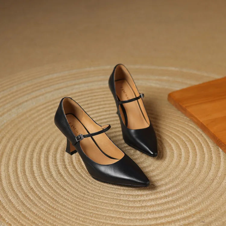 NEW Spring/Autumn Women Pumps Genuine Leather Shoes for Women Pointed Toe Thin Heel Shoes Shallow Buckle Strap Mary Janes Shoes