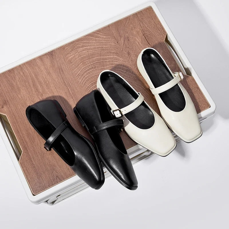 AIYUQI Mary Jane Shoes Female Genuine Leather 2026 New Snap Ballet Shoes Women Square Toe Flat Cowhide Ladies Shoes