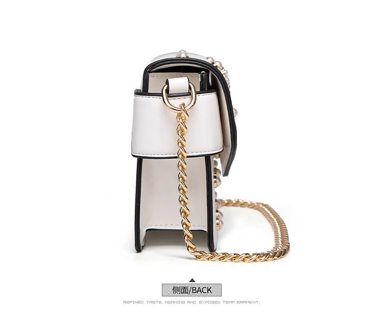 Women's Pearl and Bee Shoulder Handbag | PU Crossbody Bag with Chain