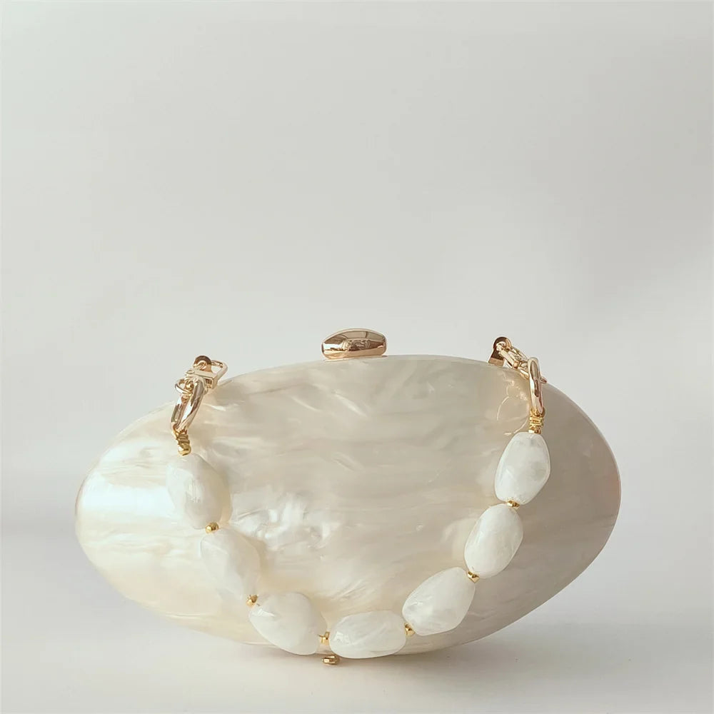 Oval Marble Beige Shell Acrylic Luxury Elegant Lady Evening Bag | Cute Handbag & Wedding Girl Female Mini Purse