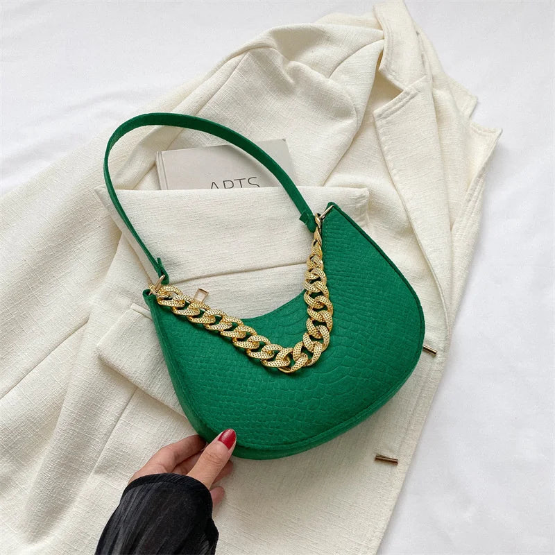 Fashion Women's Felt Handbag | Imitation Metal Chain Underarm Bag (Retro Ladies Solid Color Shoulder Bag, Trendy Casual Clutch Purse)