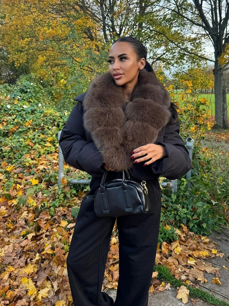 Luxury Thick Faux Fox Fur Collar Cropped Puffer Coat Women Oversized Lapel Zip Up Short Warm Windproof Winter Outerwear Jacket