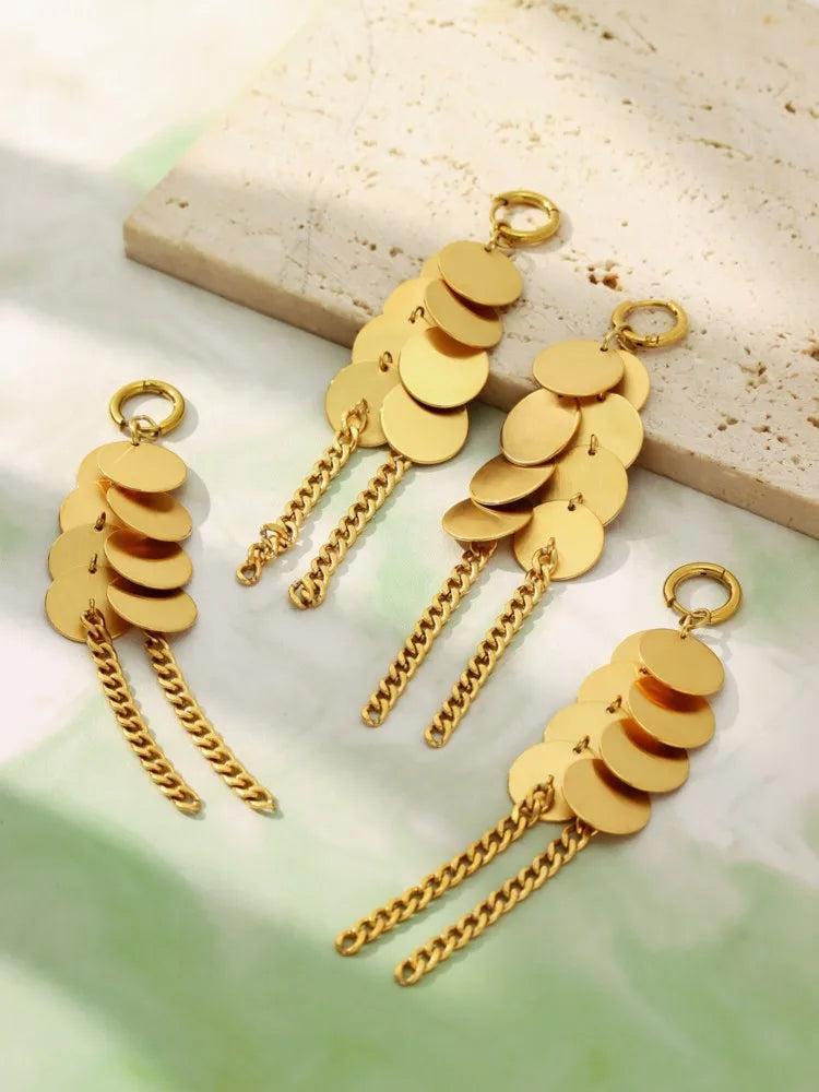Stainless Steel Dangle Earrings For Women 18k Gold Plated Waterproof Non Tarnish Women's Glossy Sheets Chains Tassel Earring